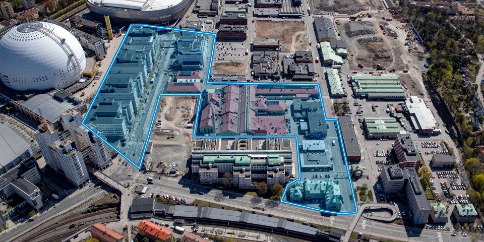 Visionsbild över östra delen av parken Fållan med Slakthallarna i bakgrunden.